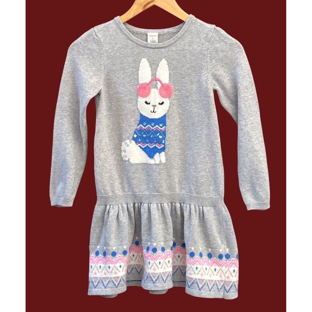 Retro Gymboree Bunny Sweater Dress Gray Knit Fair Isle Winter Novelty Girl Sz 10